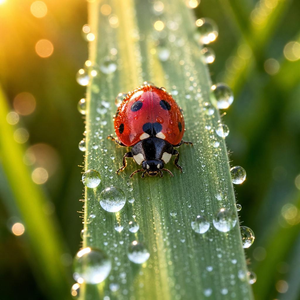 A square, close-up macro photograph generated by GPT Image 2 Medium at 1024x1024 resolution. A shiny red ladybug with black spots rests on a vertical green blade of grass. Numerous round dew drops cling to the grass and reflect the warm, golden sunrise light in the blurred background.
