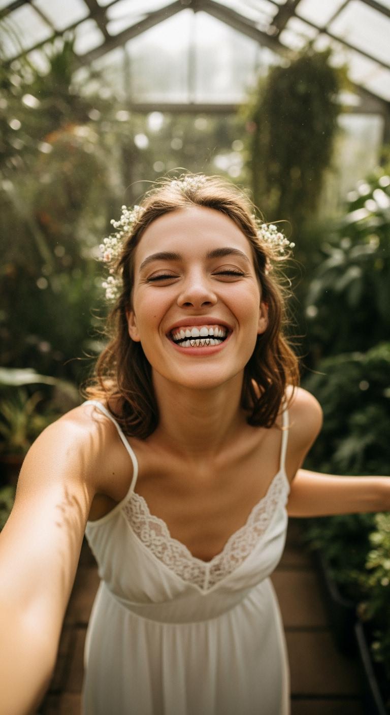 A high-resolution 768x1408 image generated by Imagen4 showing a close-up, wide-angle selfie of a laughing young woman with baby's breath flowers in her hair. She wears a white lace-trimmed dress inside a sunlit greenhouse filled with lush green foliage.