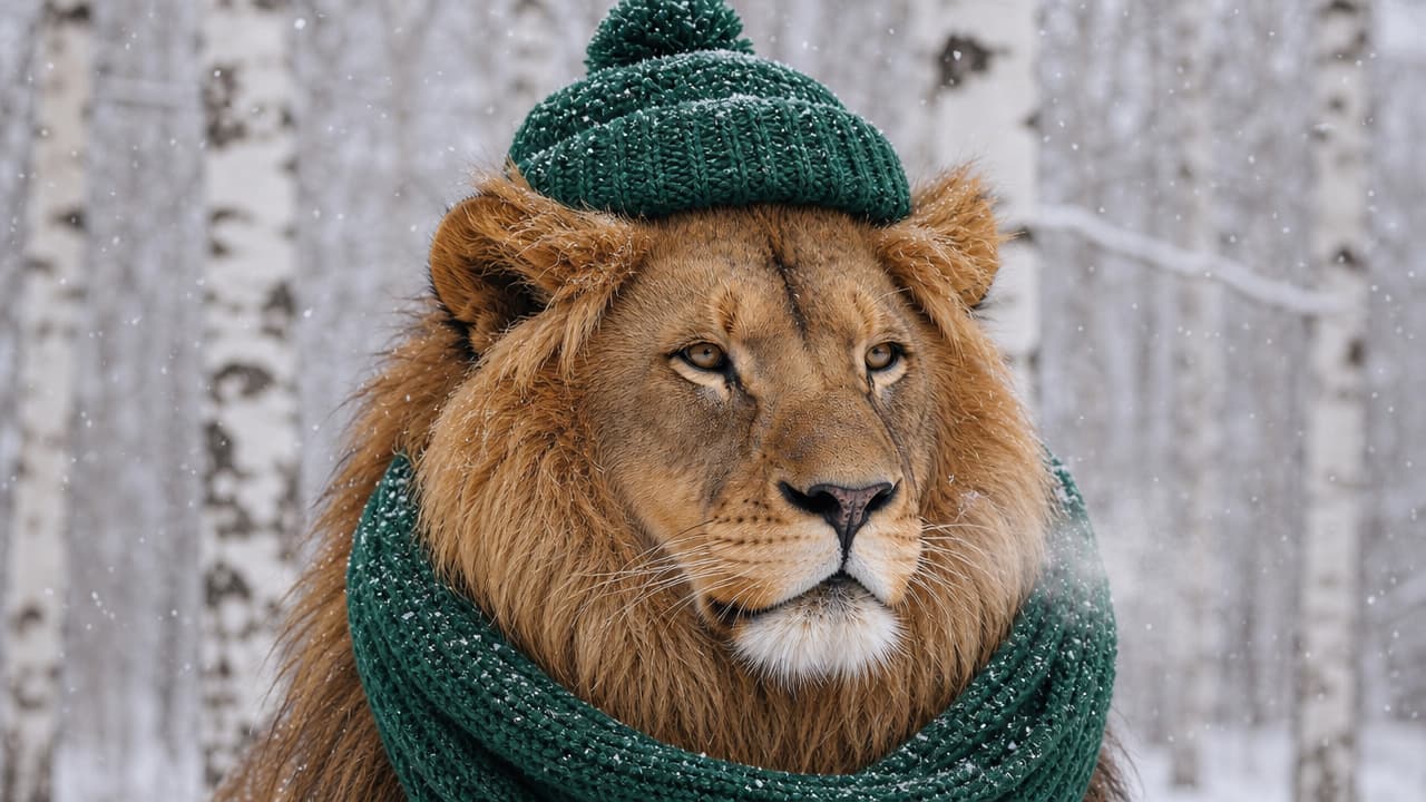 A close-up portrait of an adult male lion with a golden mane, wearing a dark green knitted beanie and matching scarf. The lion is positioned in a snowy birch forest with light snowfall. This 1280x720 image-to-image generation was created using the GPT Image 2 Medium model.