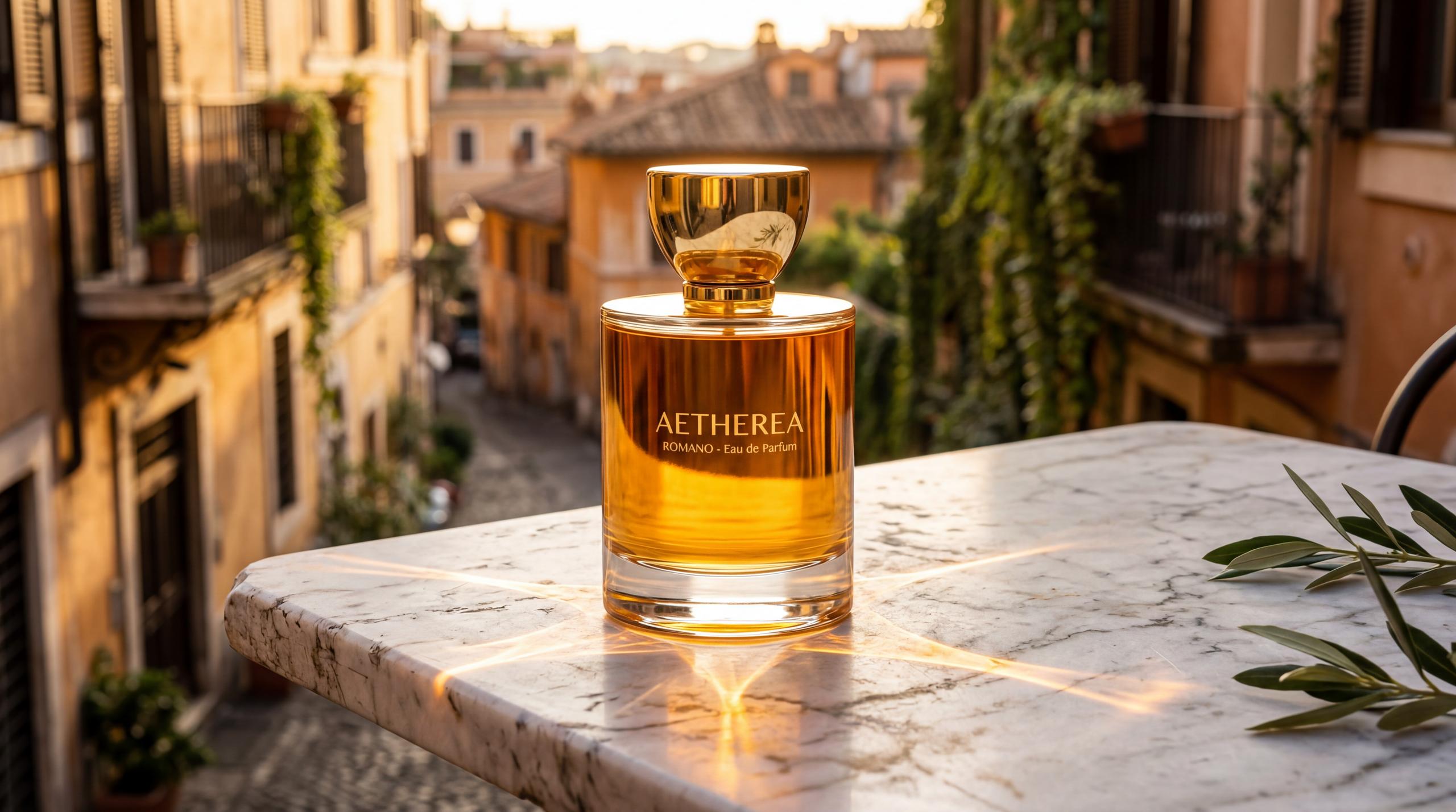A high-resolution 5504x3072 image generated by the Nano Banana 2 model. It shows a clear glass perfume bottle labeled AETHEREA Romano filled with amber liquid, topped with a gold cap. The bottle sits on a white marble table in the warm sunlight, with a blurred historic Italian street in the background.