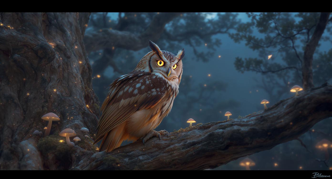 An owl with glowing yellow eyes perched on a thick, gnarled tree branch in a dark, magical forest. Small, glowing mushrooms grow along the mossy bark under a blue twilight canopy. This text-to-image generation was created at 1392x752 resolution using the Flux Kontext Max model.