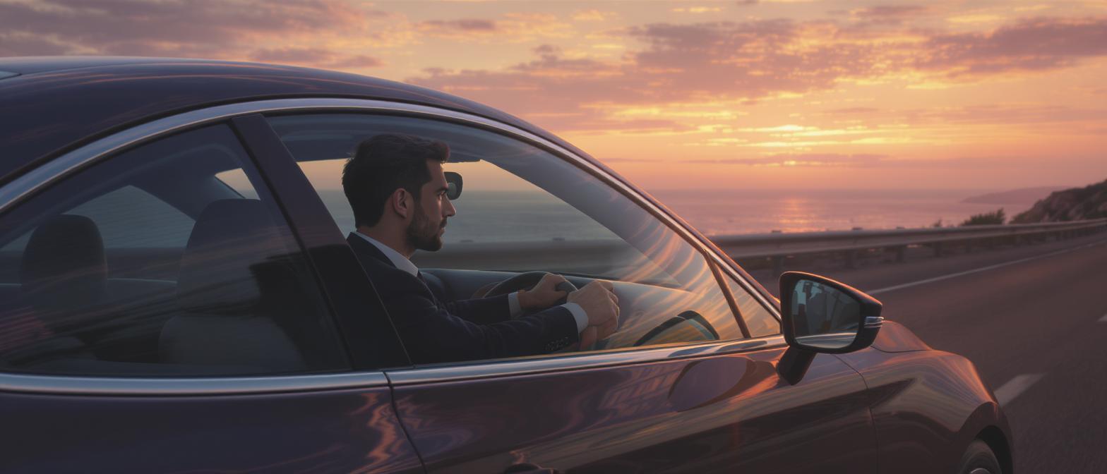 A profile view of a man in a dark suit driving a sleek purple sedan along a coastal highway. The sunset glows orange and pink over the ocean in the background. Generated using Flux Kontext Max at 1568x672 resolution.