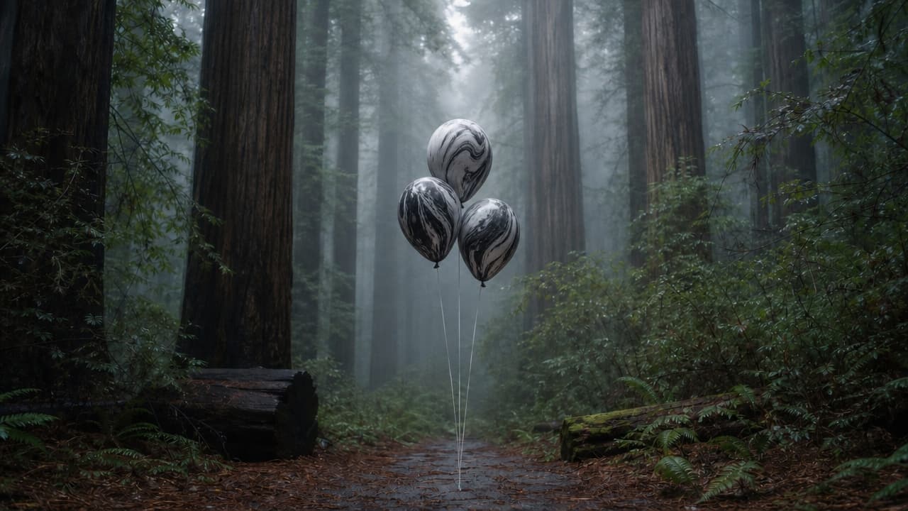 A 1280x720 image of three black and white marbled balloons floating on strings in a misty redwood forest. The scene is filled with towering redwood tree trunks, green ferns, and damp earth, generated using the GPT Image 2 Medium model.