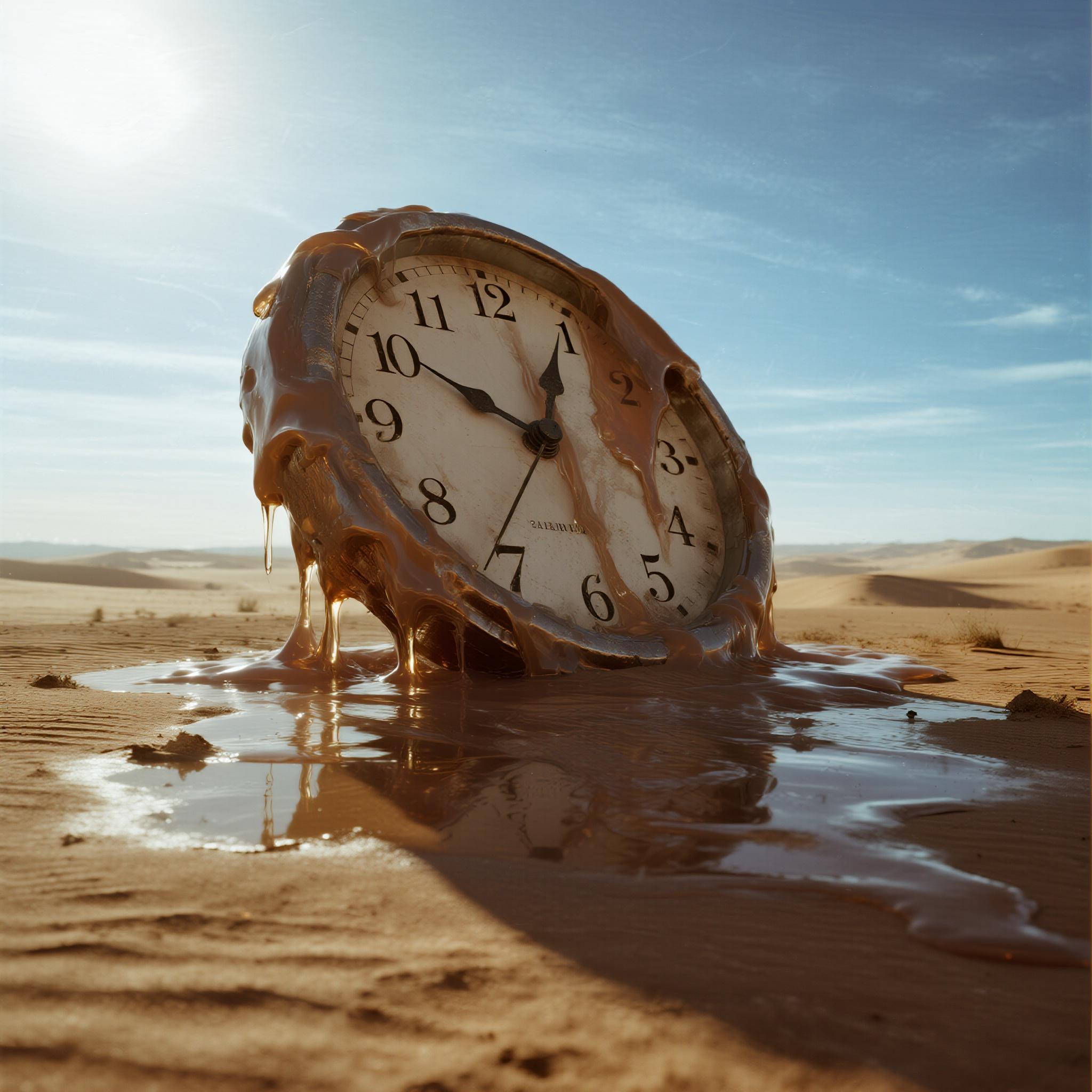 A surreal melting clock sits in a vast desert under a bright sun, its frame dissolving into a brown liquid puddle on the sand. This square image was generated at 2048x2048 resolution using the Dreamina 3.1 model, capturing the distorted clock face and desert dunes.