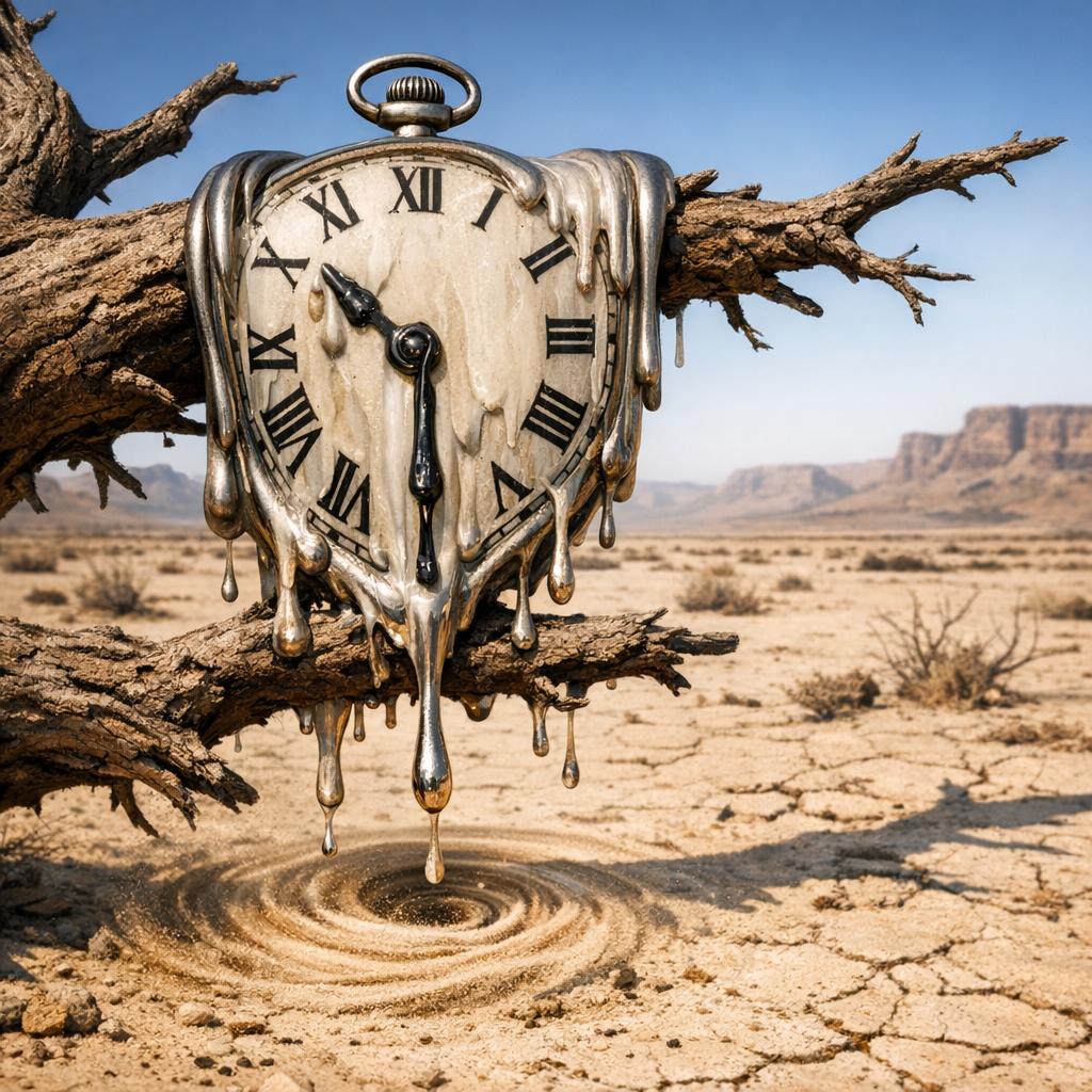 A square 1024x1024 image generated by GPT Image 1.5 showing a surreal scene of a melting pocket watch with Roman numerals draped over a gnarled, leafless tree branch. The watch face is dripping onto the cracked desert floor below, where a small sand vortex forms.