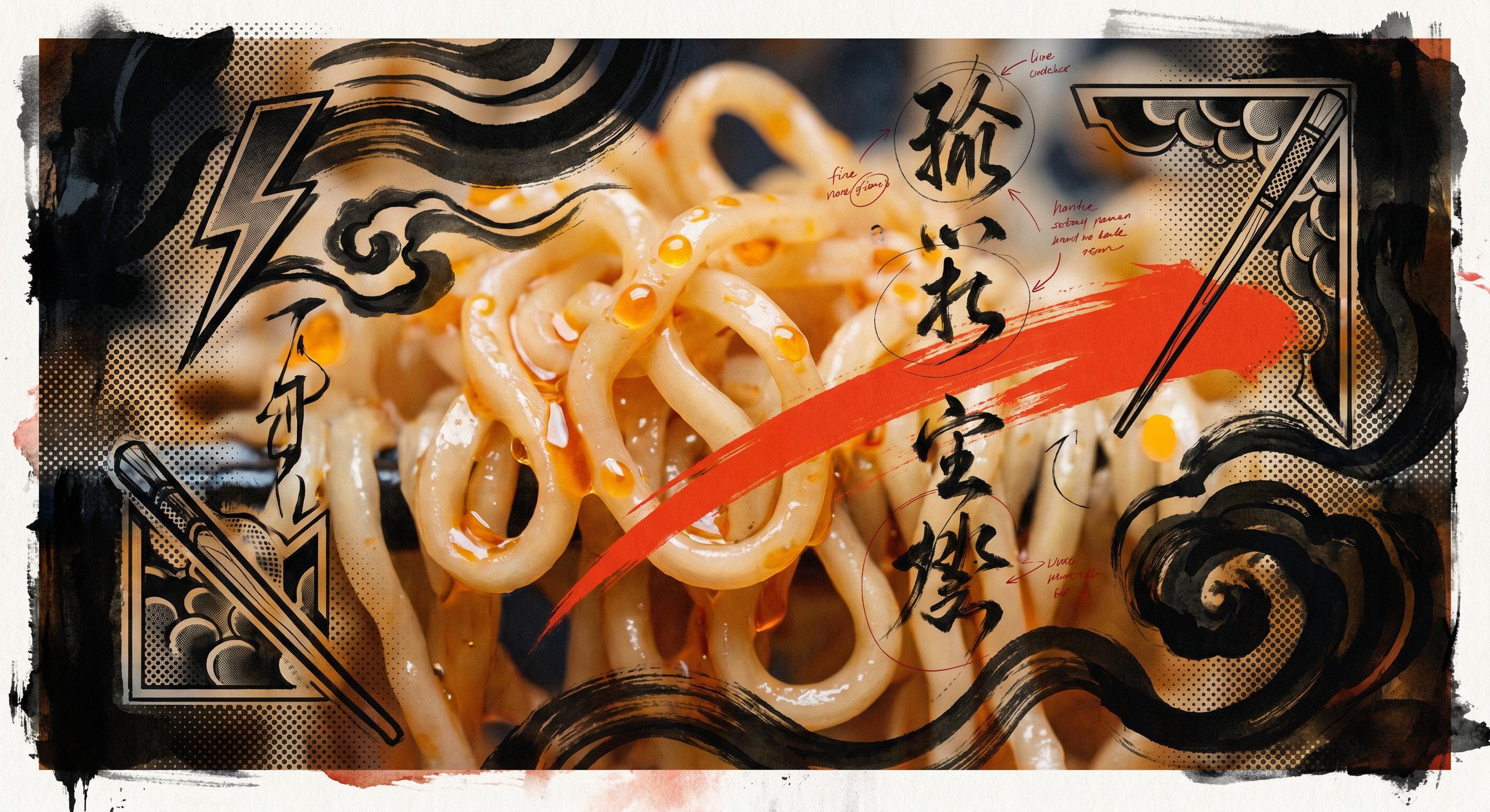 Extreme macro of glossy ramen noodles caught mid-lift, overlaid with bold irezumi tattoo linework and dry-brush sumi-e on a dark ground
