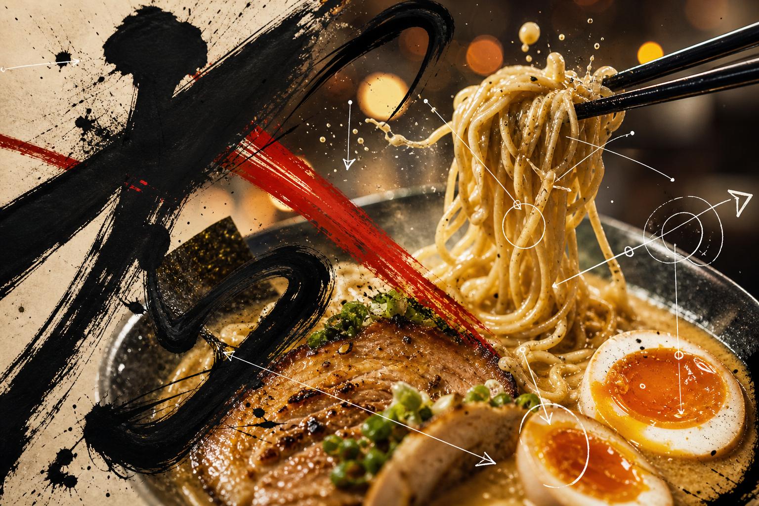 Cinematic close-up of tonkotsu ramen with a jammy egg and chashu, overlaid with sweeping black sumi-e brushstrokes and hand-drawn annotation