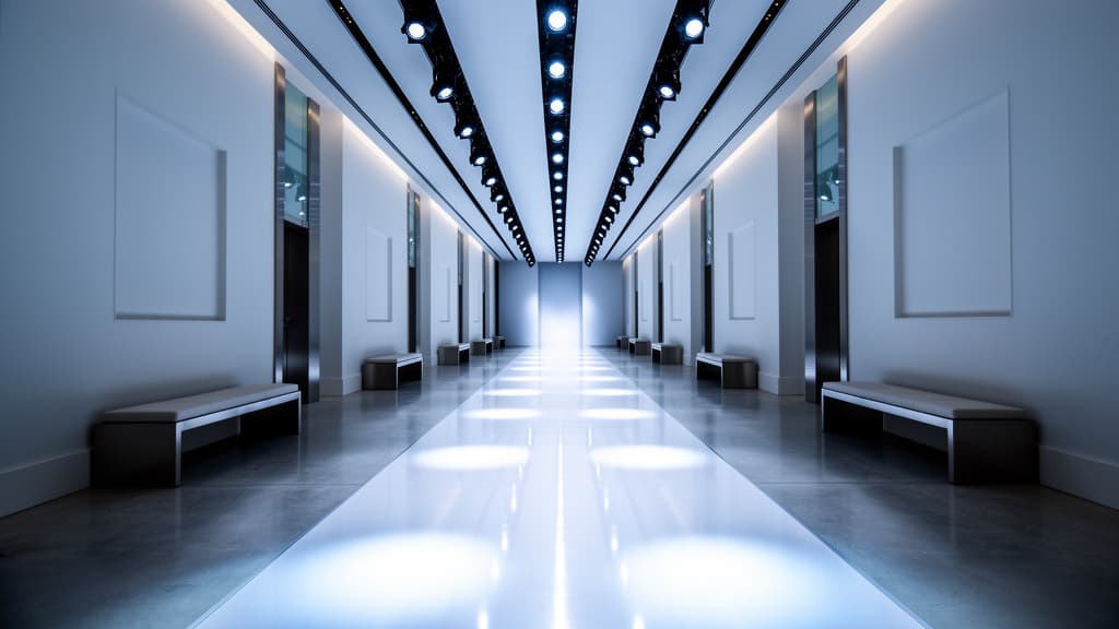 A wide-angle, symmetrical shot of an empty, modern fashion runway hallway. The scene features a highly polished floor reflecting overhead stage lights, white minimalist walls with benches, and a bright light source at the far end. Generated using Flux.2 [flex] at 1024x576 resolution.