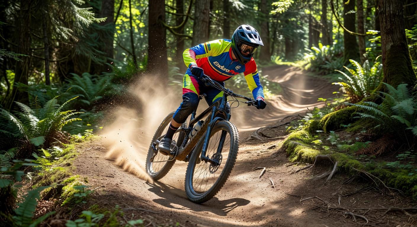 A low-angle shot of a mountain biker wearing a helmet and a colorful red, yellow, and blue jersey, riding a black mountain bike down a dirt trail in a dense forest. Dust kicks up behind the rear wheel. Generated by Grok Imagine at 1408x768 resolution.