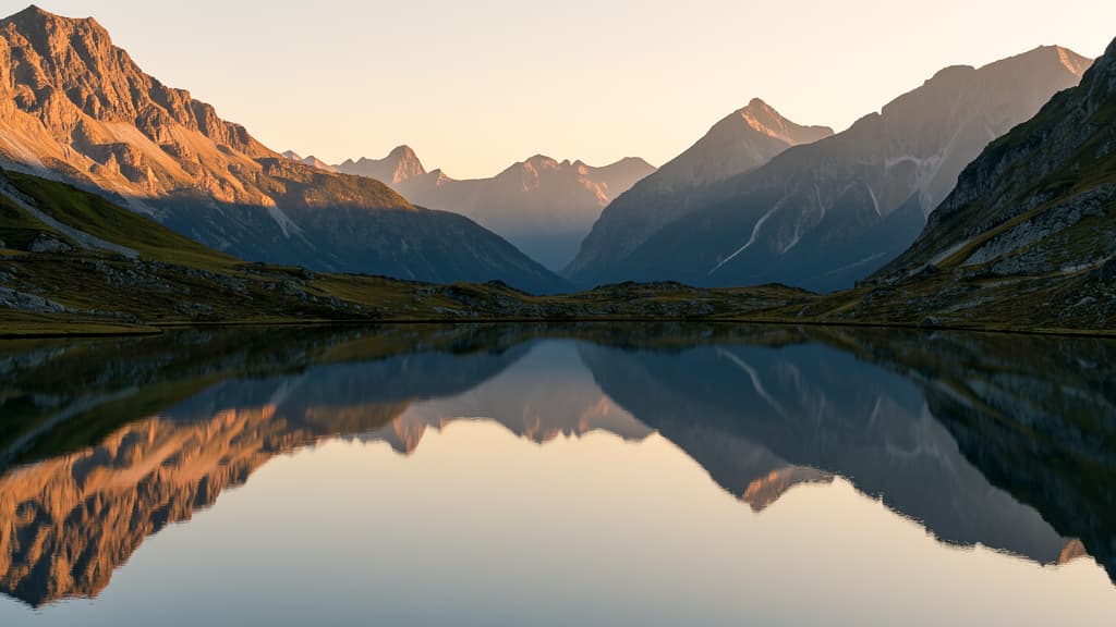 A wide landscape photograph of a serene mountain range during golden hour, perfectly reflected in the glass-like surface of a calm lake. Generated using the Flux.2 [klein] 9B model at 1024x576 resolution, the image captures warm light hitting the rocky peaks against a clear, soft gradient sky.
