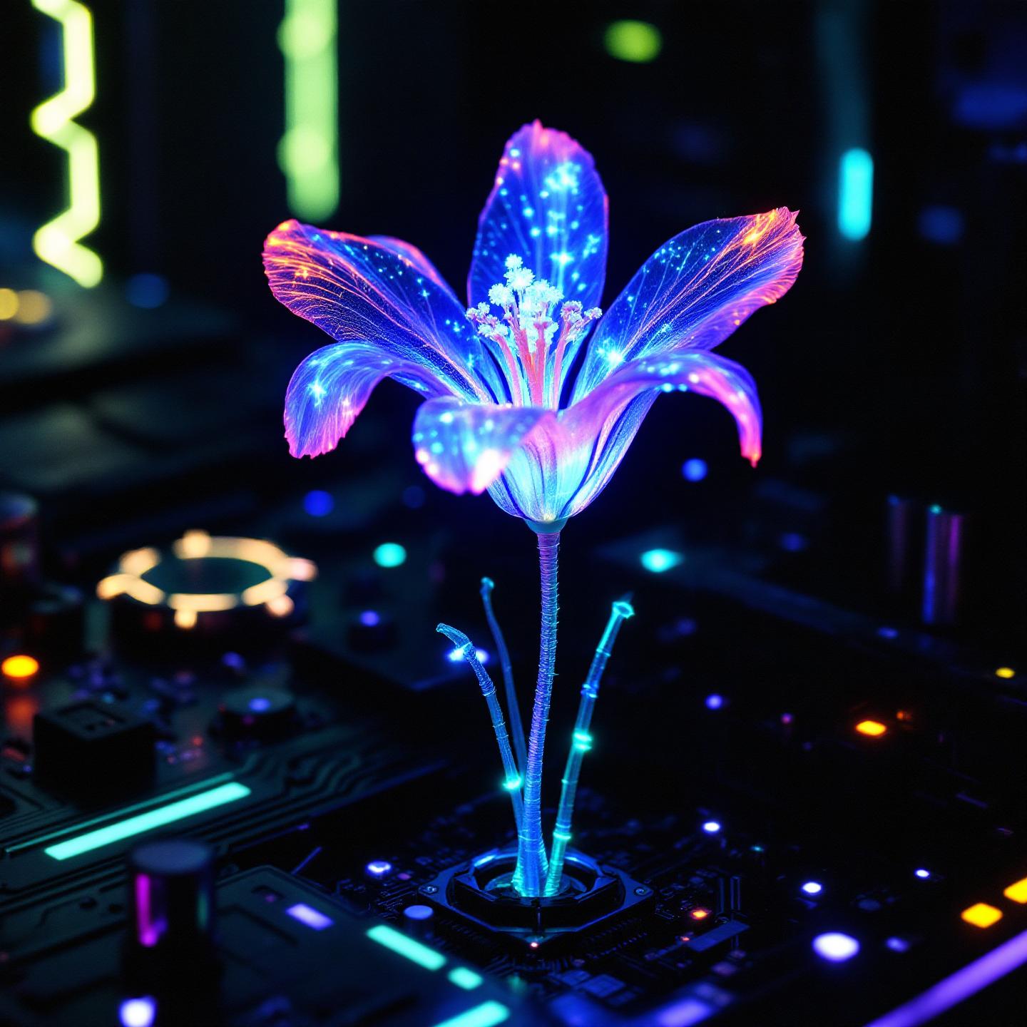 A close-up shot of a glowing, bioluminescent flower with translucent blue and pink petals growing directly out of a dark, lit computer circuit board. Generated with Flux 1.1 Pro at 1440x1440 resolution, the image showcases glowing fiber-optic stems and neon-colored electronic components in the dark background.