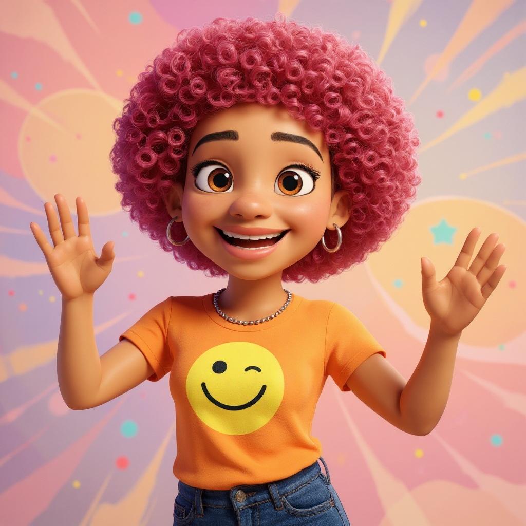 A 3D animated character of a cheerful young woman with curly pink hair, wearing an orange t-shirt with a yellow winking smiley face. Her hands are raised in a waving gesture. The background features pastel pink and purple swirls. Generated at 1024x1024 resolution using Flux Kontext Pro.