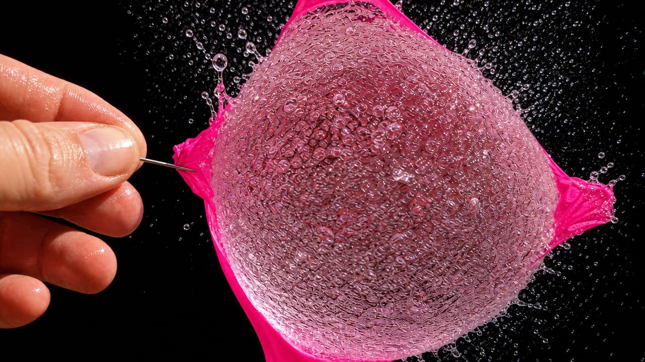A high-speed macro photograph of a hand piercing a bright pink water balloon with a needle. The balloon is frozen at the exact microsecond of popping, spraying water droplets against a black background. Generated with GPT Image 2 Medium at 1280x720 resolution.