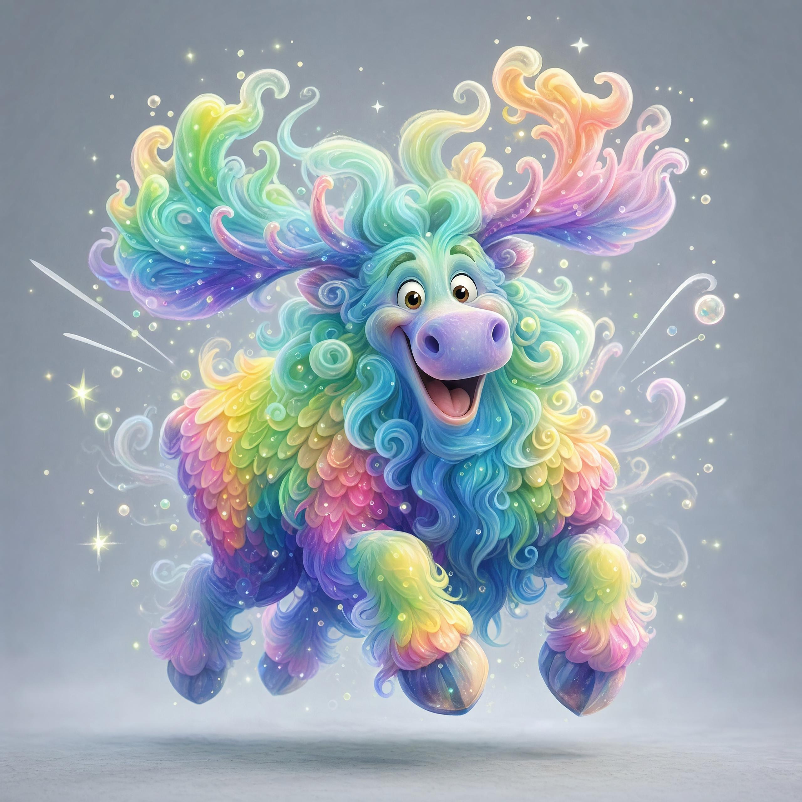A square 2880x2880 digital illustration of a cheerful cartoon moose with vibrant, rainbow-colored curly fur and flowing, stylish antlers. The character is jumping in mid-air against a light gray background surrounded by glowing sparkles and small bubbles, generated using the GPT Image 2 High model.