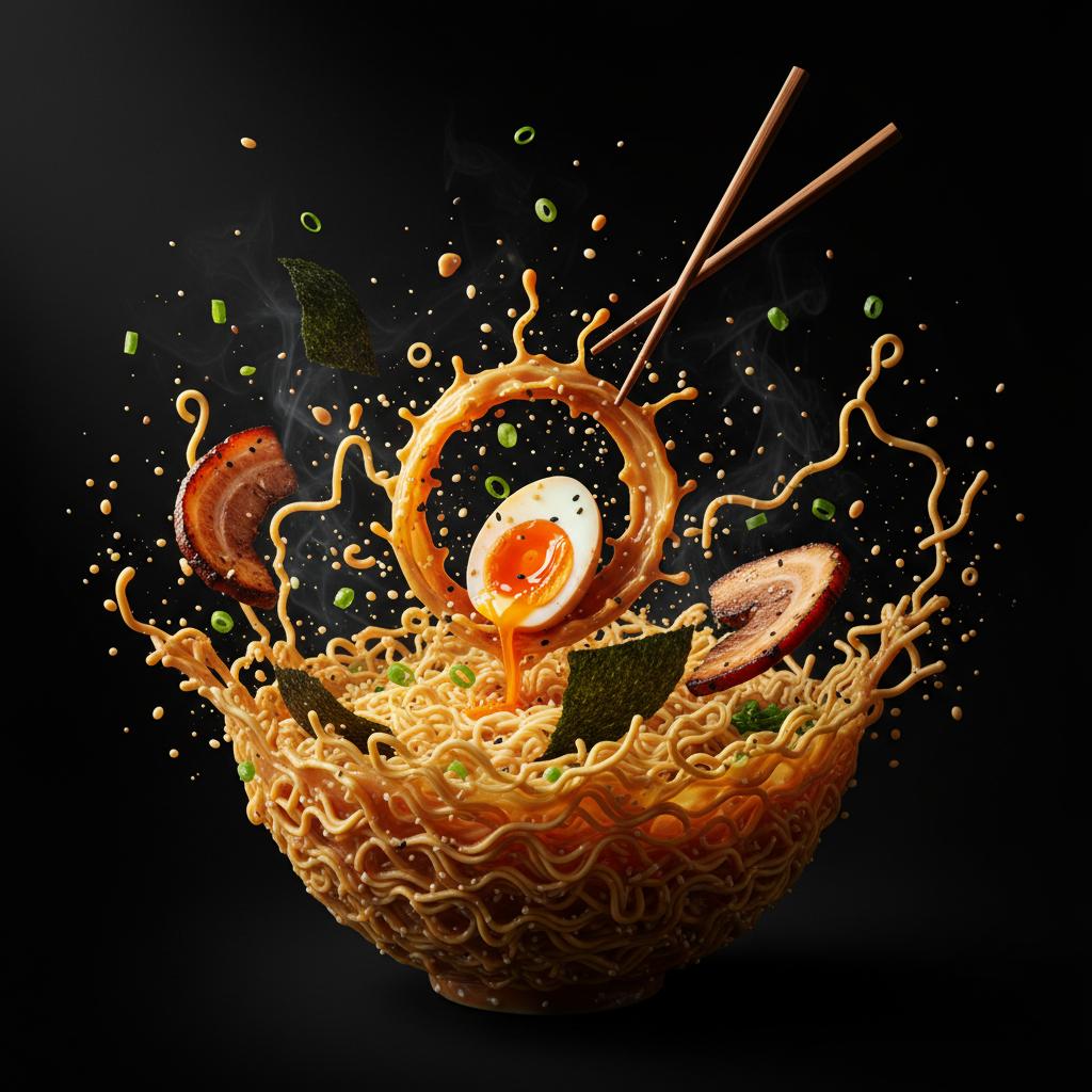 Hundreds of golden ramen noodles, broth droplets, a breaking egg, chashu and nori suspended mid-air in a dynamic zero-gravity explosion against a dark ground