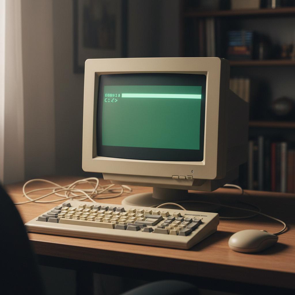 A square 1024x1024 digital image of a vintage 1990s computer system generated by the Nano Banana model. The setup features a beige CRT monitor showing a green command prompt screen, a matching mechanical keyboard, and a wired mouse sitting on a wooden desk in a dimly lit room.