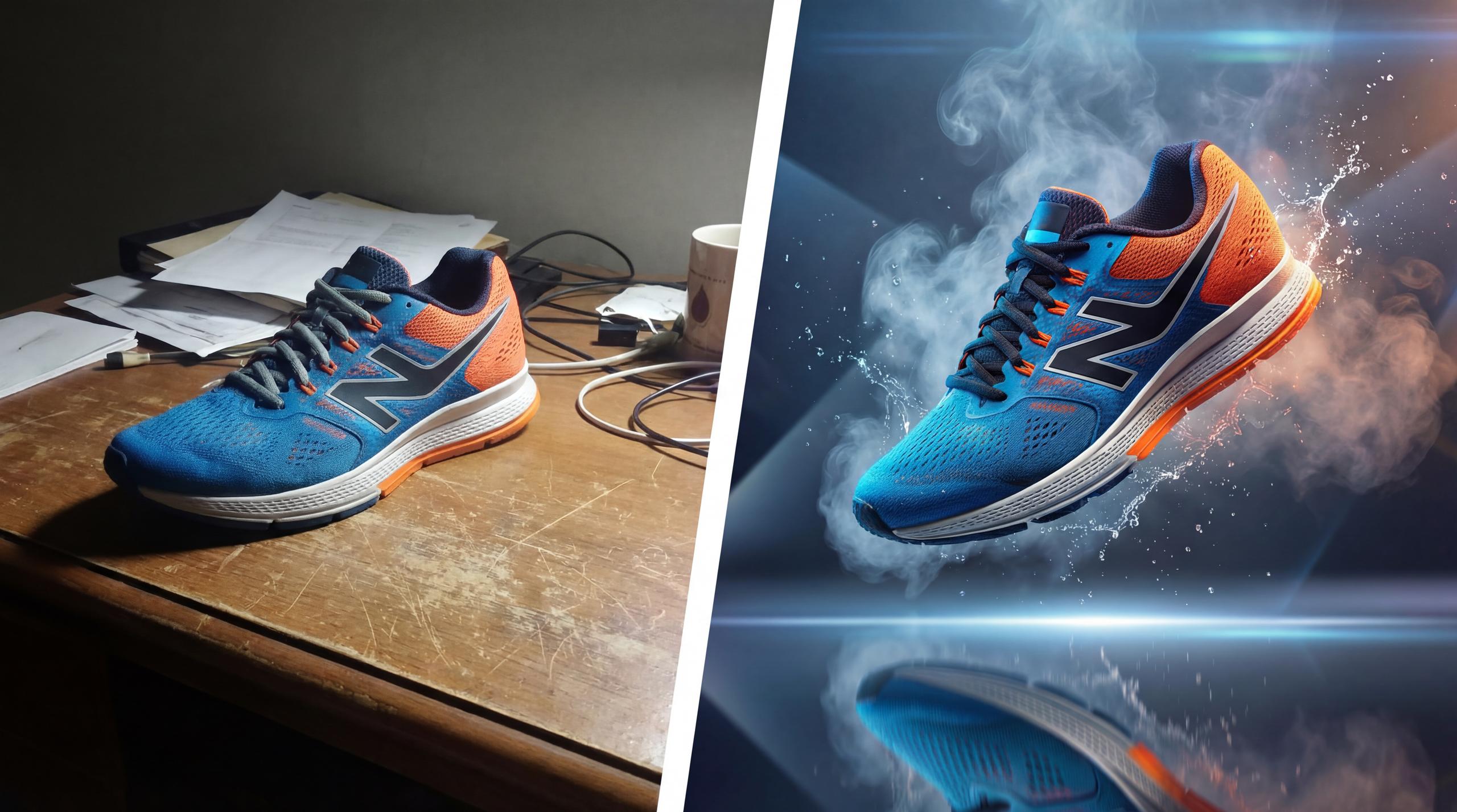 A split-screen image showing a blue and orange running shoe. On the left, the shoe sits on a messy wooden desk under dim light. On the right, the same shoe floats in a dynamic commercial setting with smoke, water splashes, and lens flares, generated by Nano Banana Pro at 5504x3072 resolution.