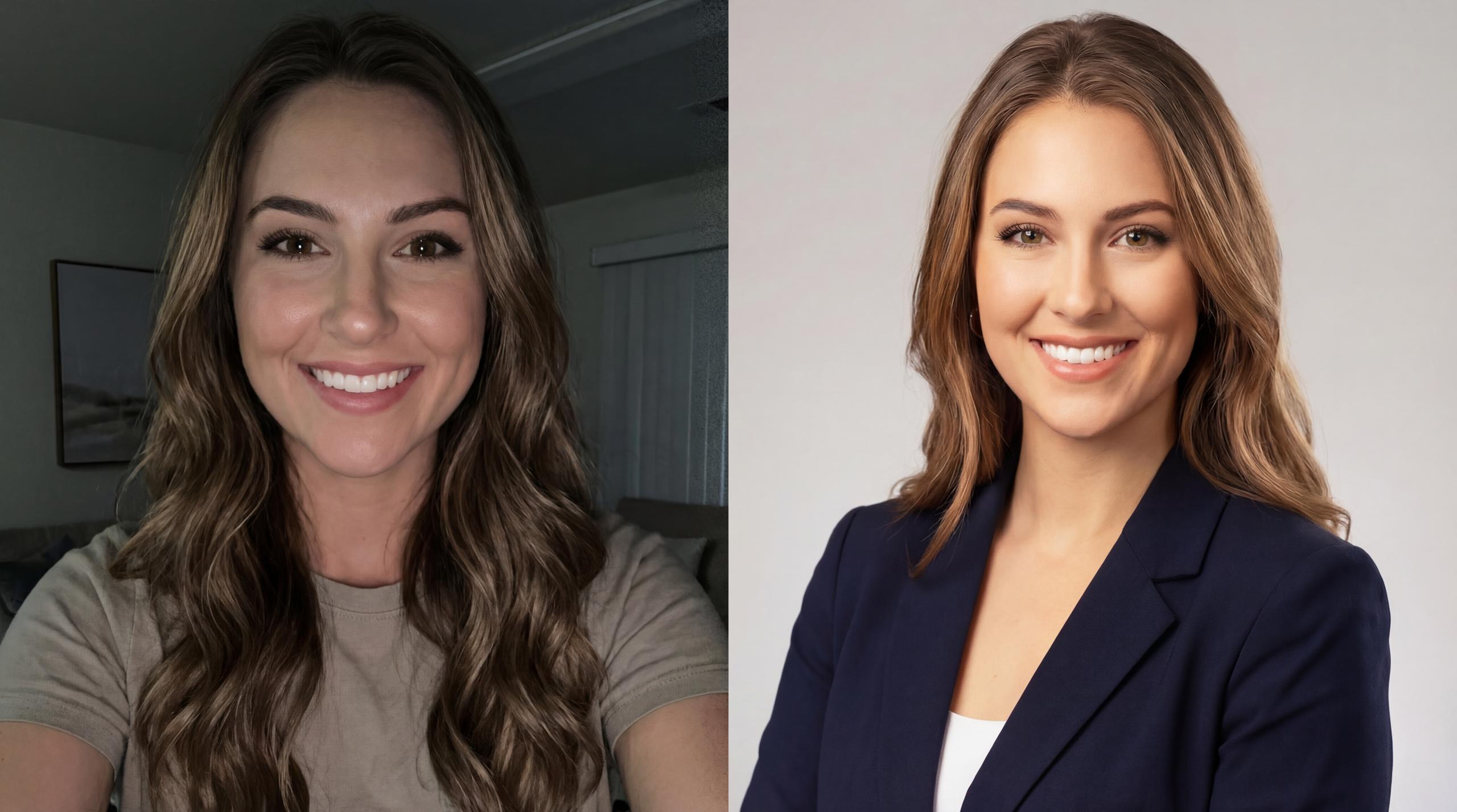 A split-screen comparison image generated by Nano Banana Pro at 5504x3072 resolution. On the left, a young woman with wavy brown hair smiles in a dimly lit, casual selfie. On the right, the same woman is shown in a brightly lit, professional corporate headshot wearing a navy blue blazer.