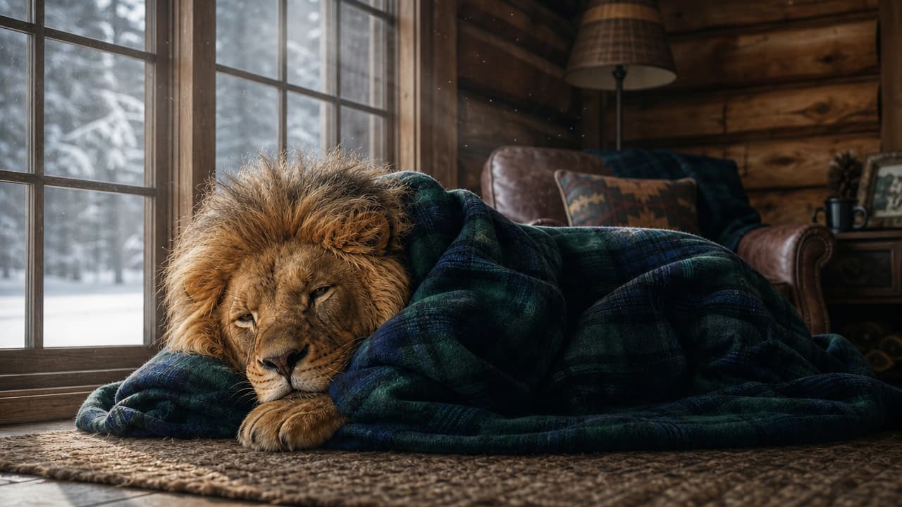 A male lion lies on a brown rug inside a rustic wooden cabin, wrapped in a dark blue and green plaid blanket. The lion rests its head on its paw, looking sleepy. Outside the large window, a snowy winter forest is visible. Generated with GPT Image 2 Medium at 1280x720 resolution.