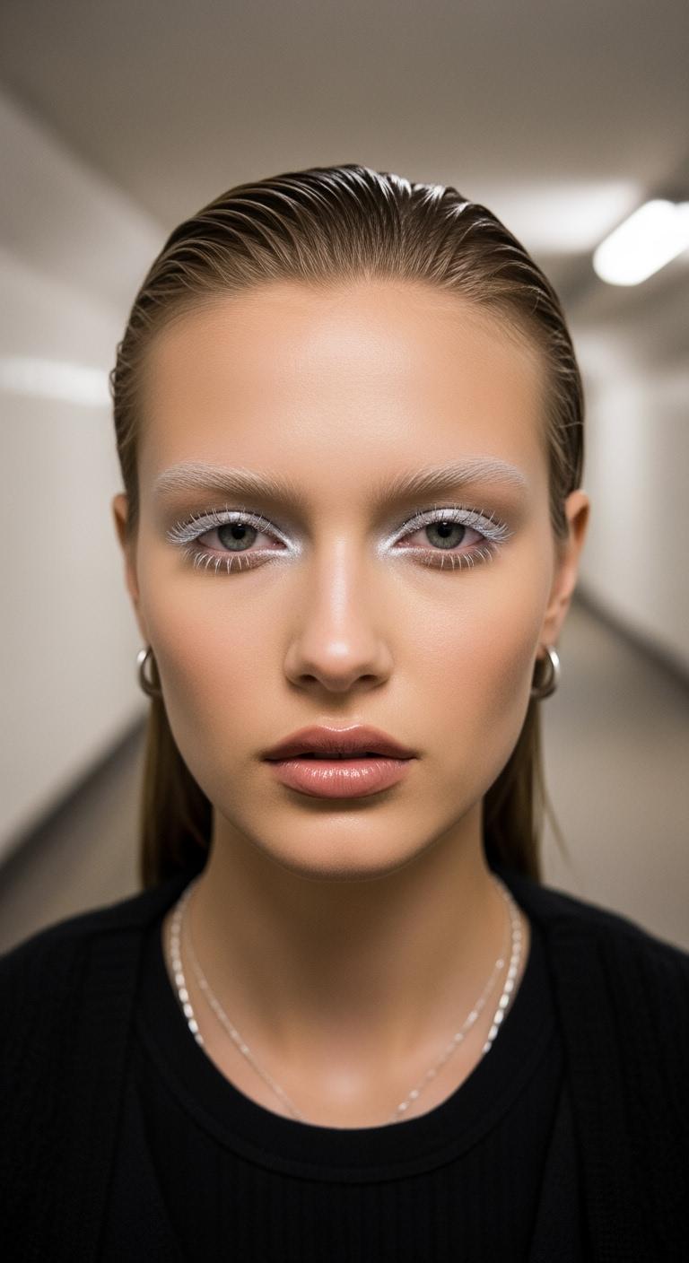 A vertical portrait of a young woman with slicked-back wet hair, bleached eyebrows, and shimmering silver eyeshadow and eyelashes. She wears a black top and a thin silver chain necklace, looking directly at the camera. The background is a softly blurred hallway. Generated at 768x1408 resolution using Imagen4.