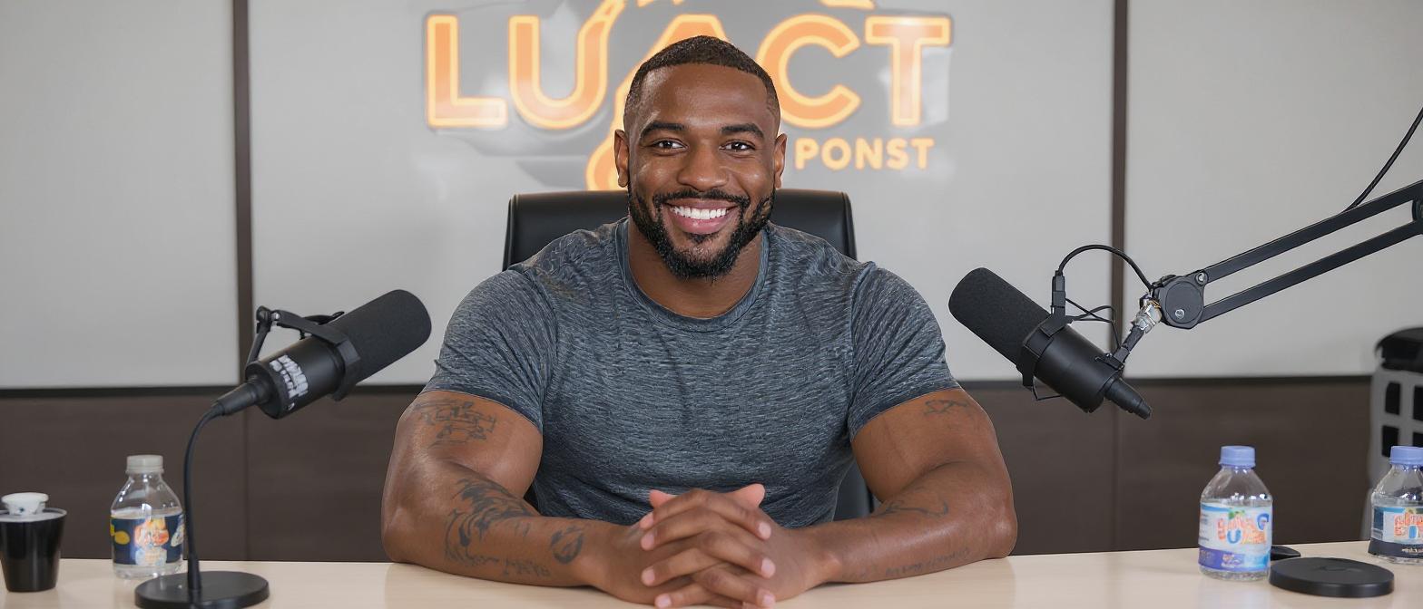 A high-resolution 1568x672 image of a smiling Black man sitting at a podcast desk with his hands clasped. He wears a grey t-shirt. Two microphones flank him, and water bottles sit on the desk. This image was generated using the Flux Kontext Pro model.