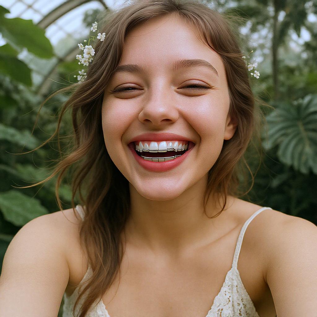 A square 1024x1024 text-to-image generation using the Flux Kontext Max model, showing a close-up selfie of a young woman with brown hair smiling widely. She has small white flowers in her hair and visible orthodontic braces. The background is a lush, green greenhouse with soft, natural lighting.