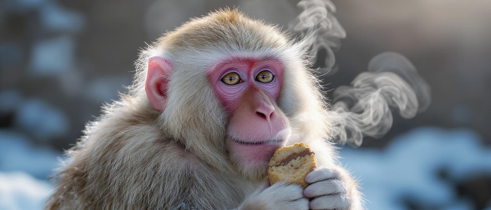 A close-up horizontal portrait of a Japanese snow monkey with light fur and a pink face holding a small pastry. Visible steam rises from its breath against a cold, snowy, out-of-focus background. This image was generated using the Flux Kontext Pro model at 1568x672 resolution.
