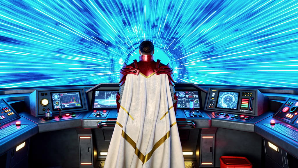 A back view of a space captain wearing red armor and a white cape, standing at a futuristic spaceship console. Outside the window, blue hyperspace light streaks past. Generated using the Flux.2 [pro] model at 1024x576 resolution with an image-to-image process.