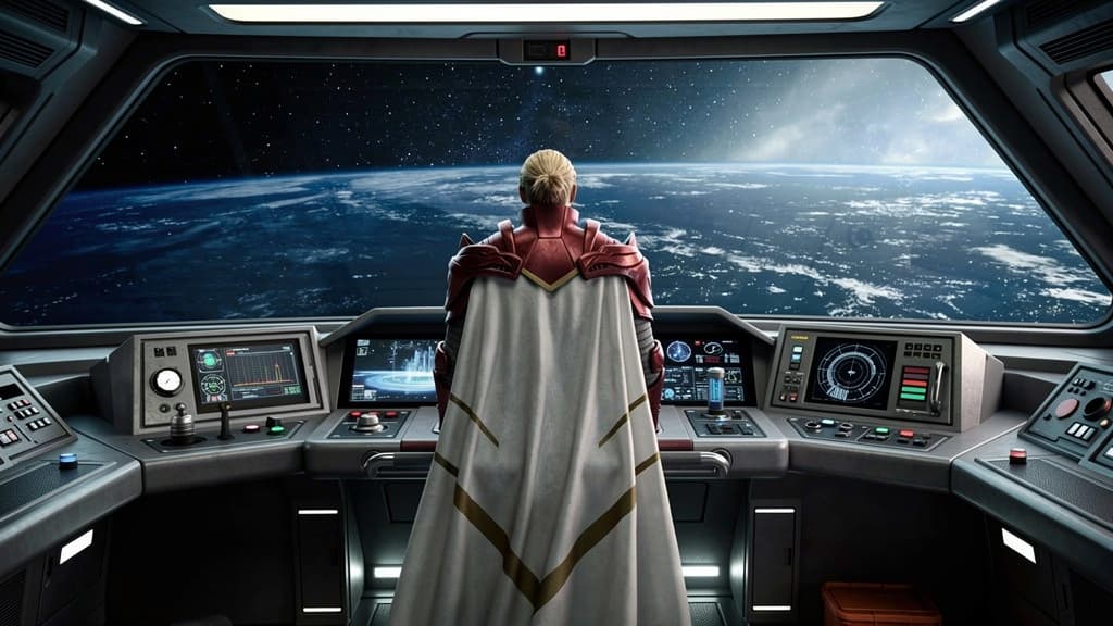 A digital image of a space captain with blonde hair tied back, wearing red armor and a long white cape, viewed from behind inside a spaceship cockpit. The large front window reveals a wide view of planet Earth from orbit. Generated with Flux.2 [pro] at 1024x576 resolution using image-to-image.