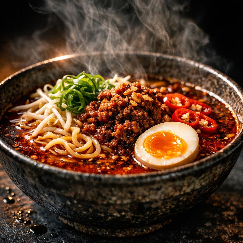 Low-angle photoreal close-up of fiery spicy miso ramen with a chili-oil sheen, jammy egg, ground pork and scallions, steam backlit against a near-black ground