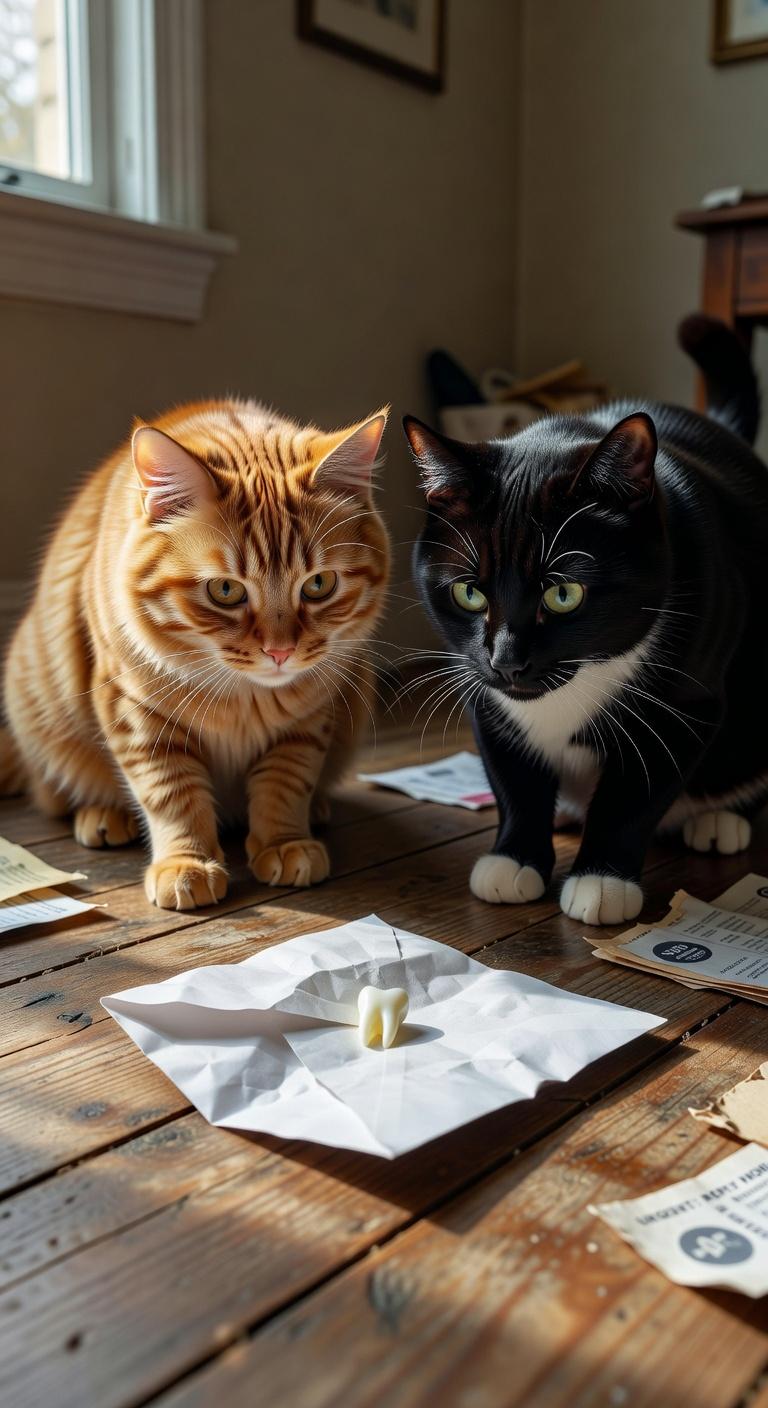 A vertical image of two cats, an orange tabby and a tuxedo cat, sitting on a wooden floor and looking down curiously at a small tooth placed on a crumpled piece of white paper. Generated using the Grok Imagine model at 768x1408 resolution.