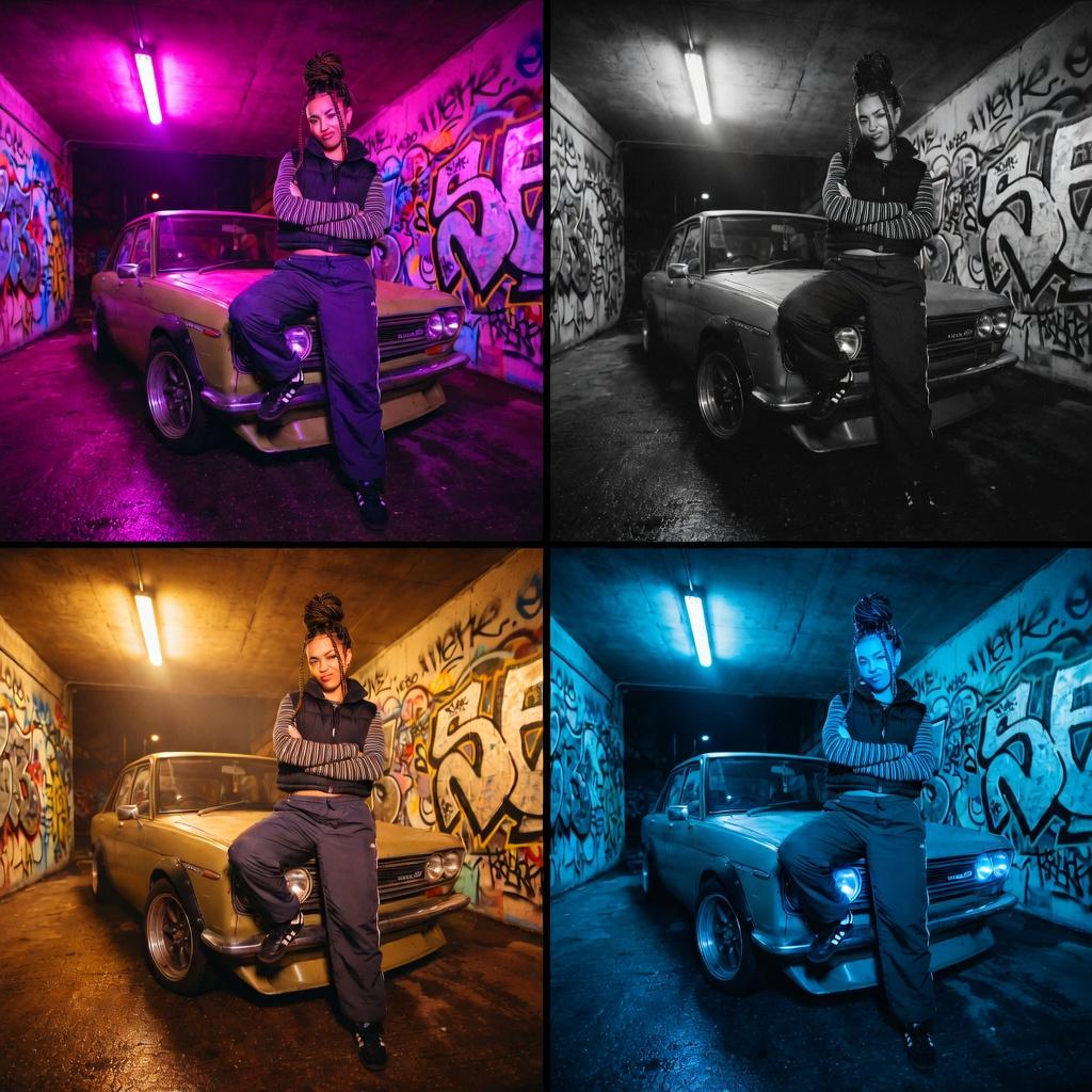 A 2x2 grid image showing four color variations of a woman with braided hair leaning on a vintage Datsun 510 in a graffiti-covered underpass. The panels display purple, black and white, warm yellow, and blue lighting, generated using Grok Imagine at 1024x1024 resolution.