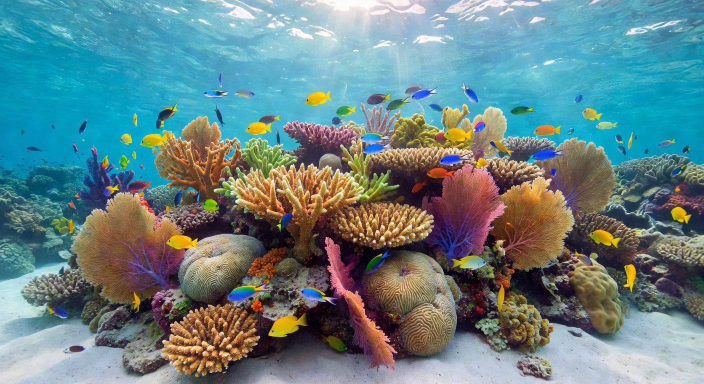 An underwater photograph of a vibrant coral reef teeming with colorful tropical fish, created using Grok Imagine at 1408x768 resolution. Brain corals, staghorn corals, and pink sea fans rest on a sandy seabed under clear blue water with sunlight filtering down from the surface.