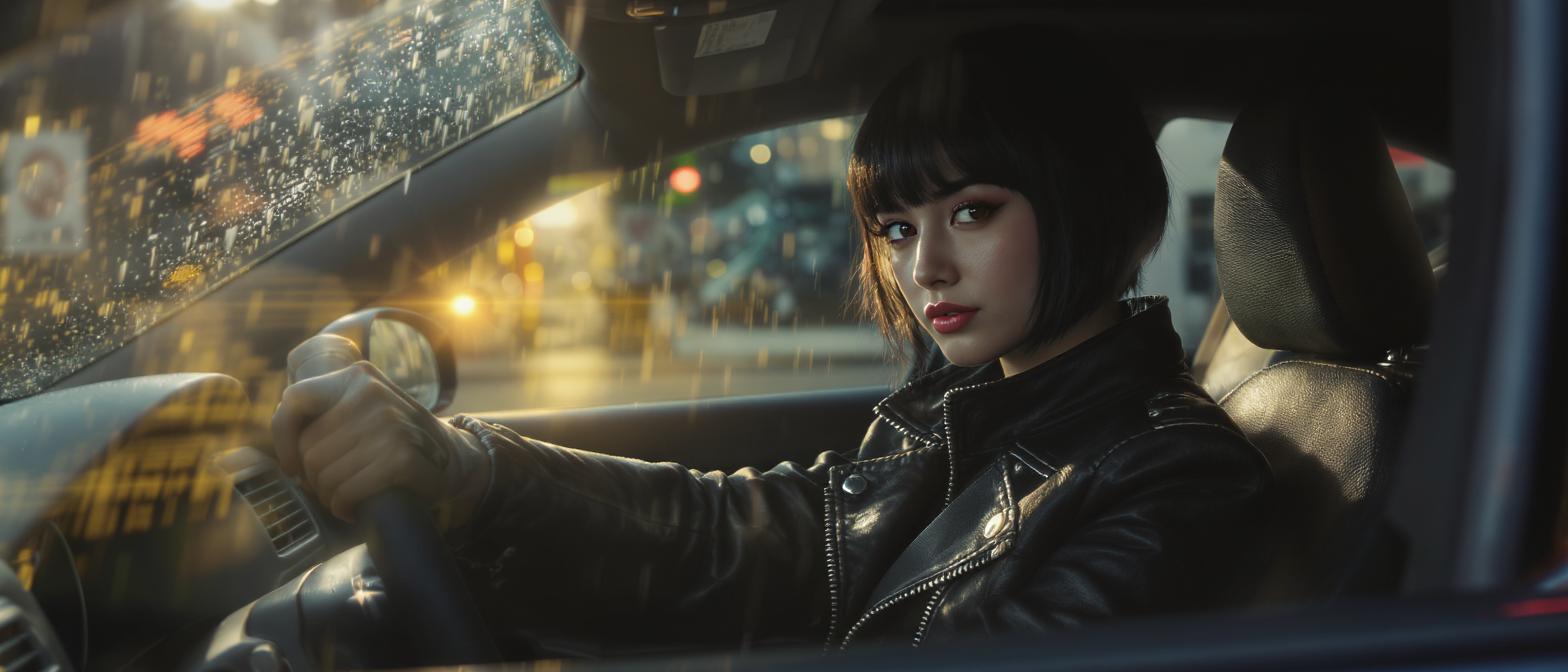 A digital image generated with Flux Kontext Pro at 1568x672 resolution. It shows a young woman with a short black bob and red lipstick sitting in the driver's seat of a car. She wears a black leather jacket and looks directly at the camera. The background features blurred city lights through a wet windshield.