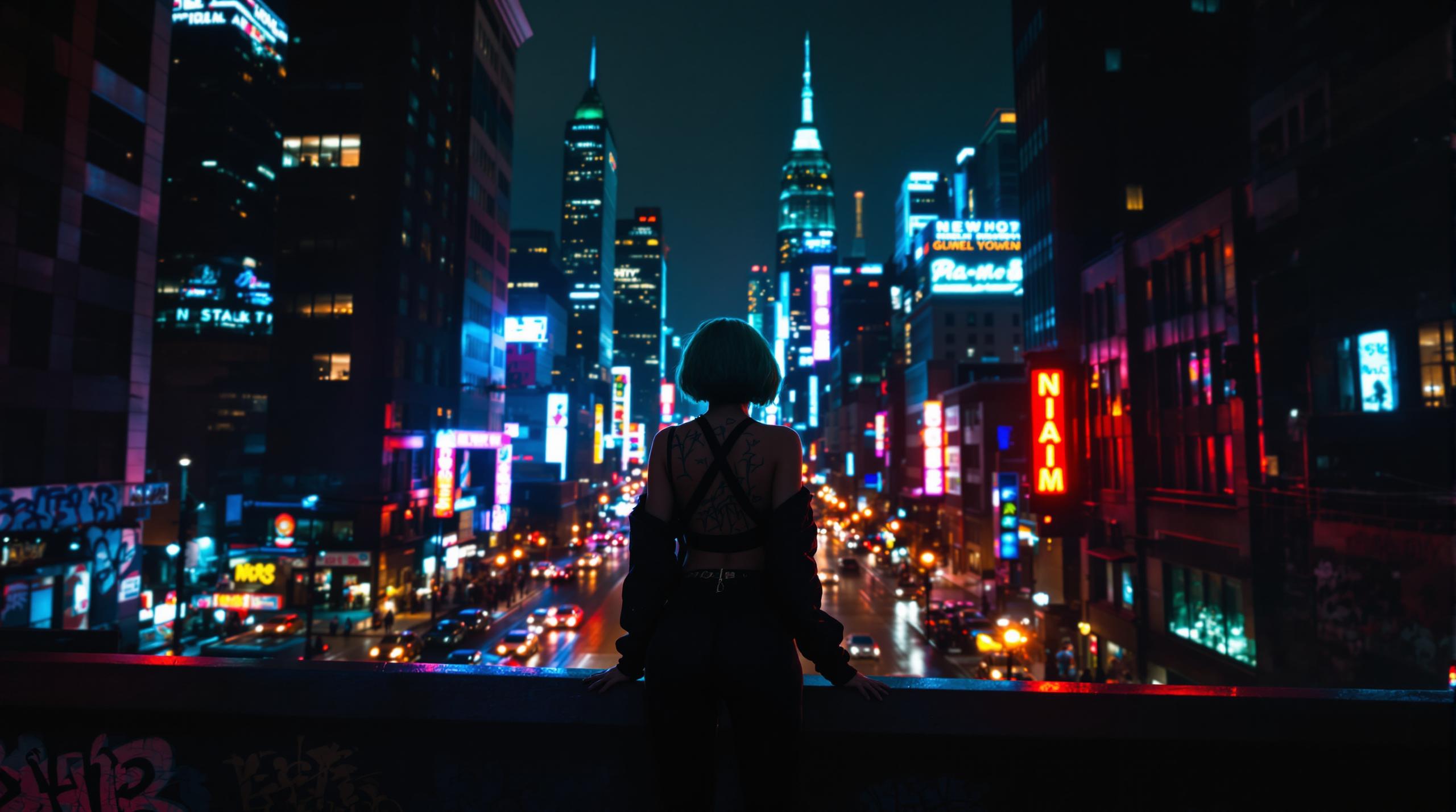 A wide shot of a woman with short green hair seen from behind, standing on a rooftop ledge. She looks out over a bustling, neon-lit New York City street at night with glowing skyscrapers. This high-resolution 2752x1536 image was generated using the Flux 1.1 Ultra model.