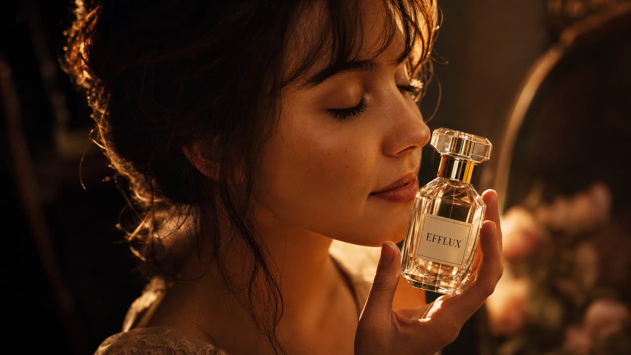 A close-up shot of a young woman with closed eyes holding a glass perfume bottle labeled EFFLUX up to her nose. Warm, golden lighting illuminates her face. This horizontal 1280x720 image was generated using GPT Image 2 High.