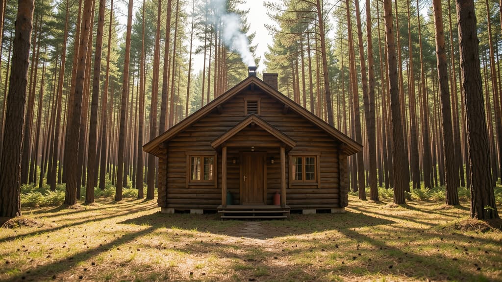 A photorealistic wide shot of a rustic wooden cabin centered in a dense pine forest, generated by Flux.2 [klein] 9B at 1024x576 resolution. A thin trail of white smoke rises from the chimney into the sunny sky, with tall pine trees casting long shadows on the forest floor.