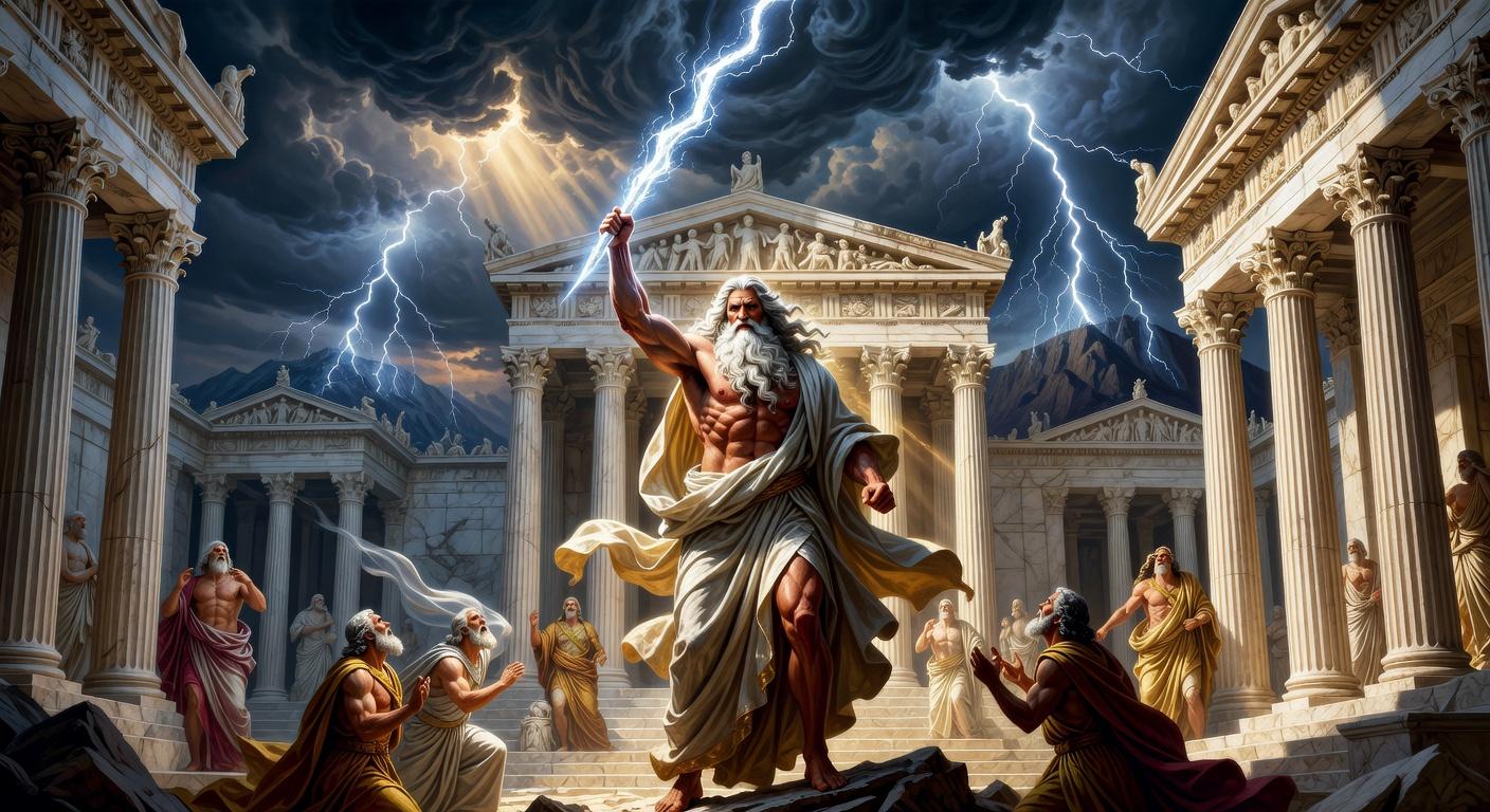 A digital illustration of Zeus, a muscular man with a long white beard, raising a bright, crackling lightning bolt. He stands before a massive ancient Greek temple with classical marble columns under a dark, stormy sky. Several robed figures bow in reverence. Generated via Grok Imagine at 1408x768 resolution.