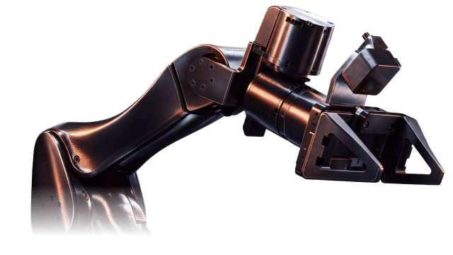 A metallic industrial robot arm with a gripper