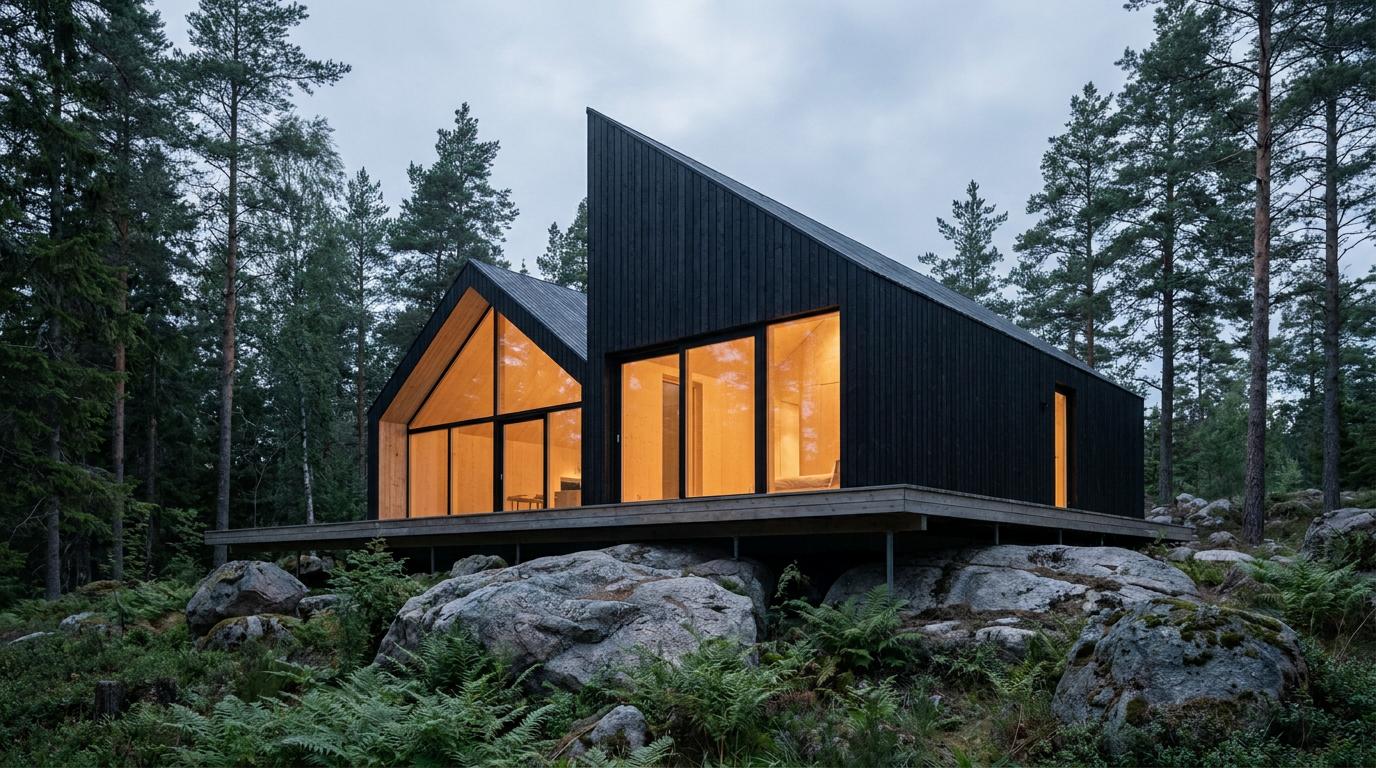 A blackened-timber cabin on a rocky forest outcrop, its glazed gable lit warm against dusk