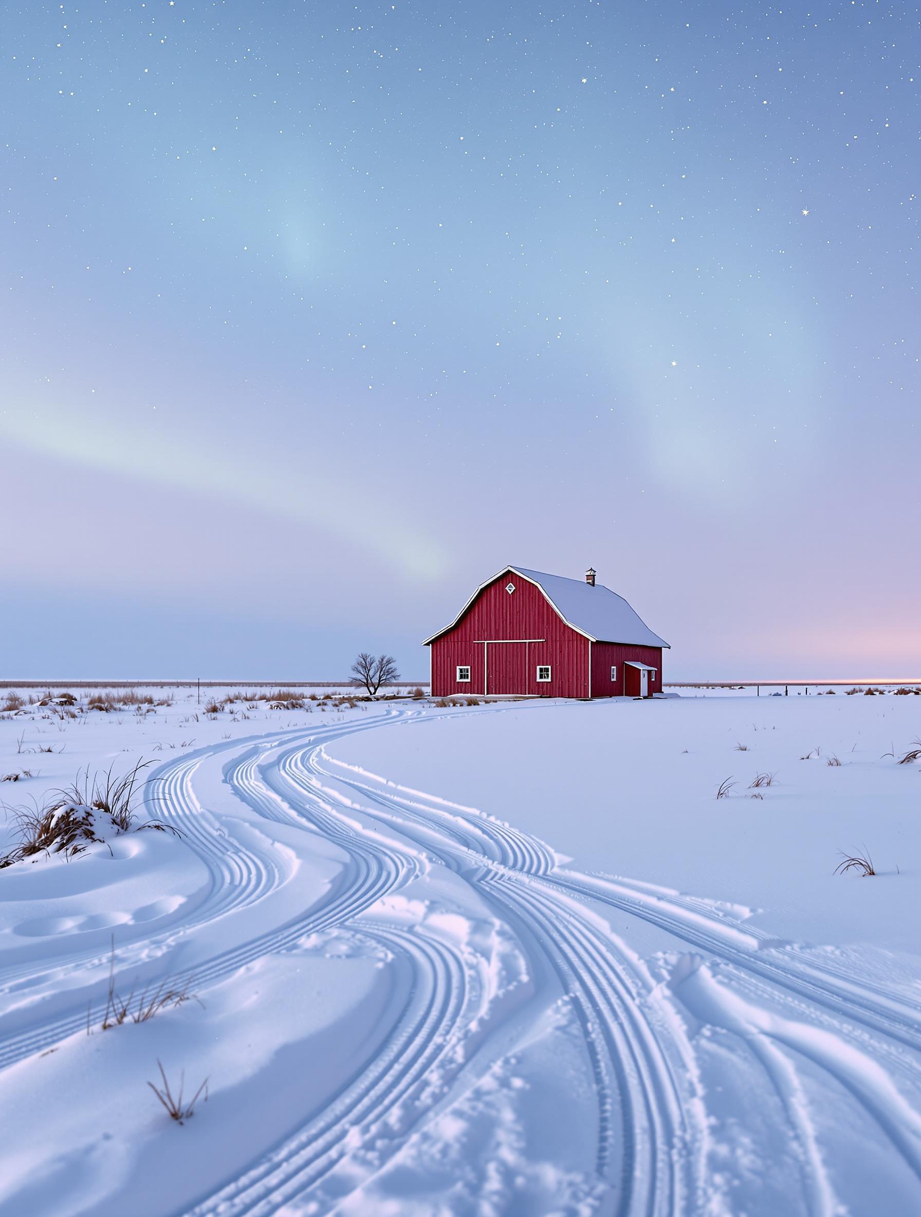 A lone red barn on a snowbound plain under a vast blue-hour sky