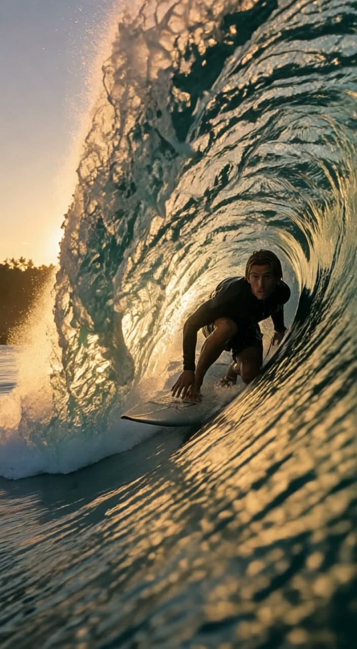 A surfer crouched inside the barrel of a wave at golden hour