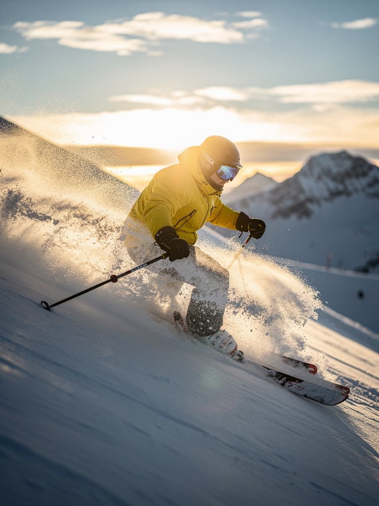 A skier carving through deep powder in a yellow jacket