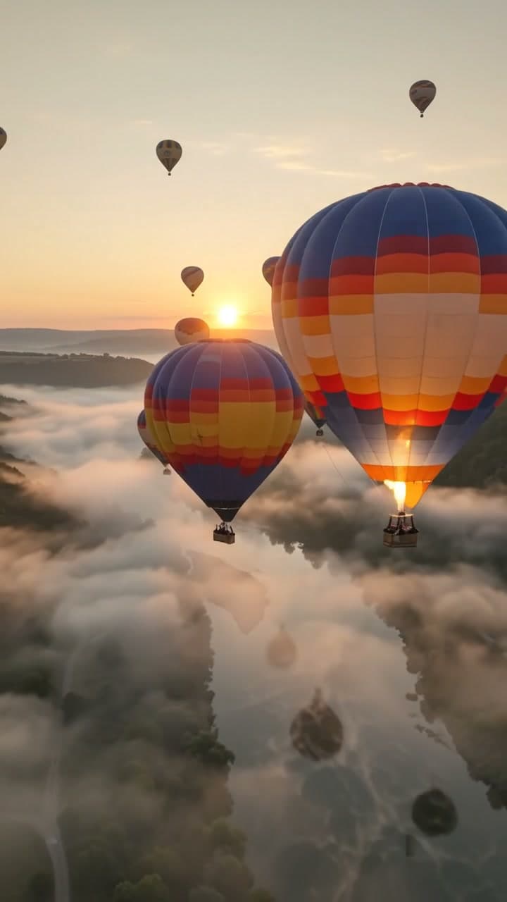 Hot-air balloons rising through mist over a river valley at sunrise