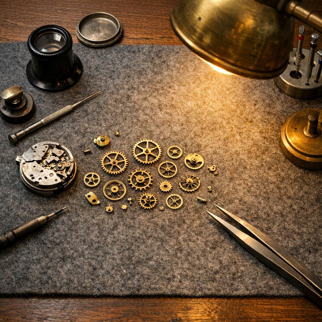 An overhead flat lay of a watchmaker's bench