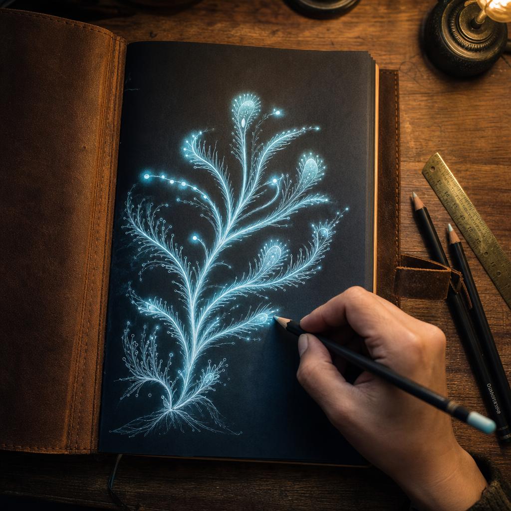 A hand sketching a luminous botanical study in a notebook