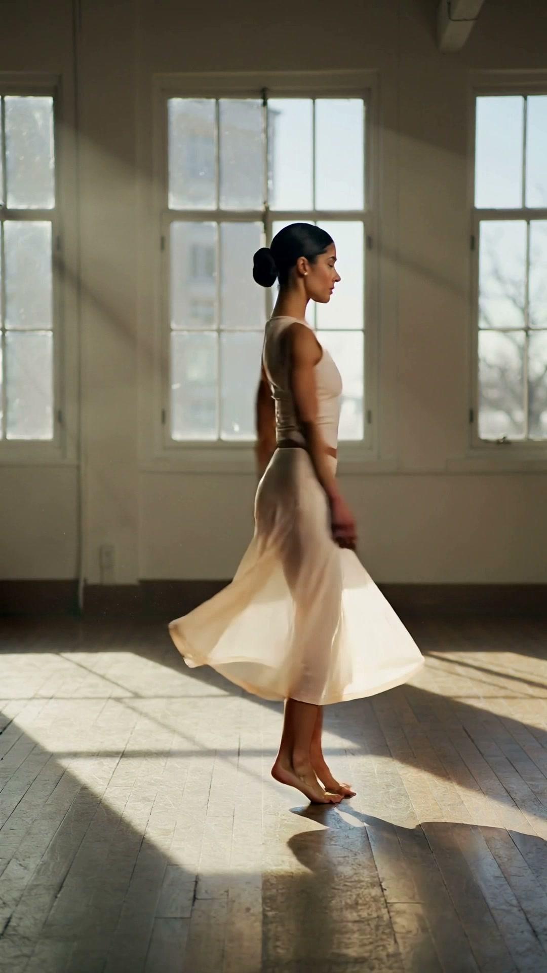 A dancer turning slowly in a sunlit studio