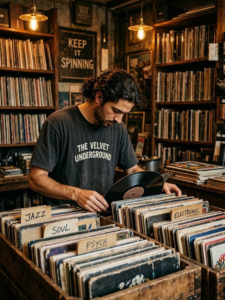 A record shop clerk flipping through a crate of vinyl