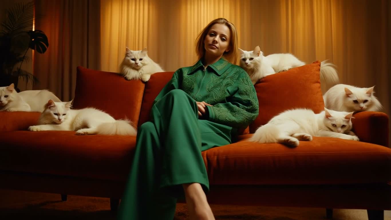 A person in a green jacket seated among white cats on an orange sofa