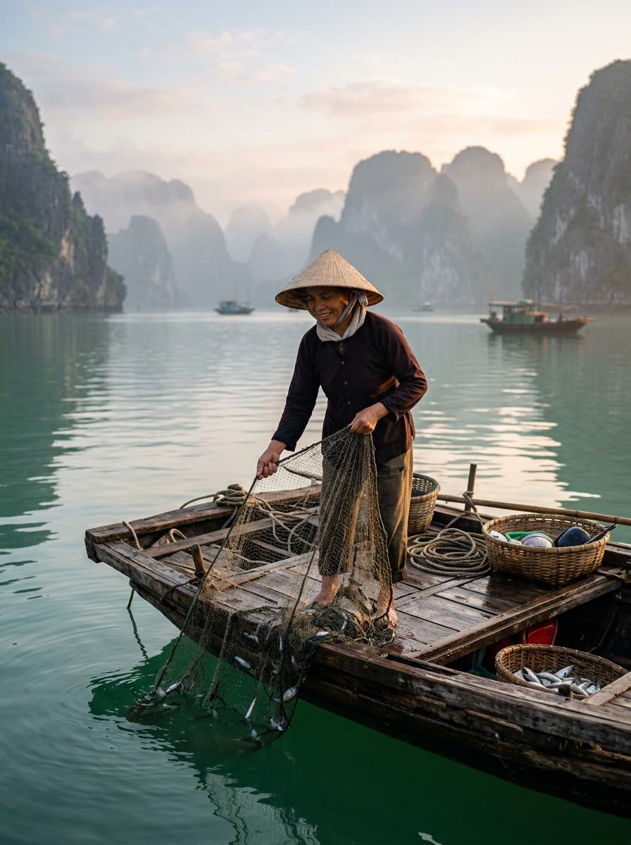 A fisherwoman in a conical hat on a boat in a misty limestone bay